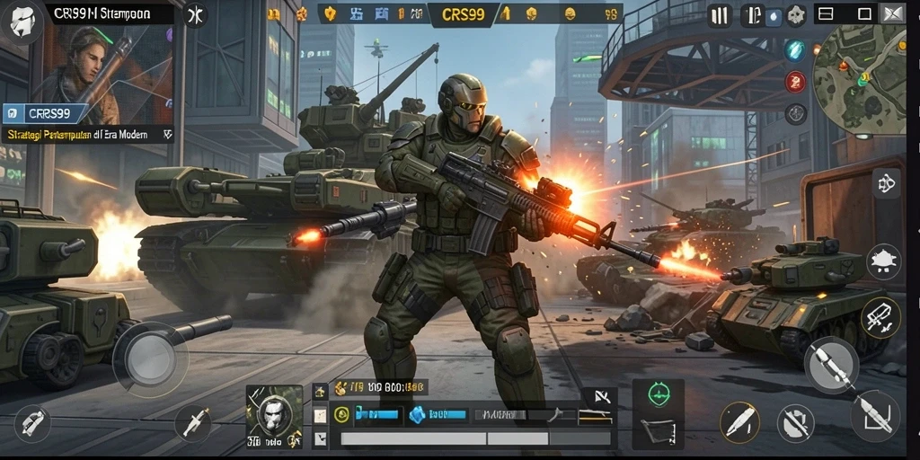 Tangkapan layar gameplay menampilkan pertempuran strategi yang intens.