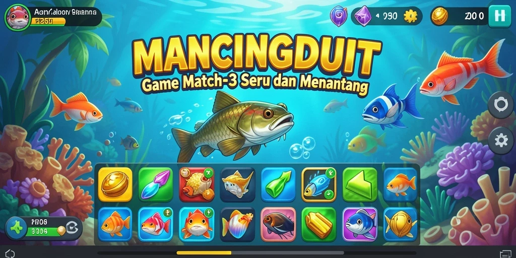 Tampilan gameplay Match-3 MANCINGDUIT yang penuh warna dan menantang.