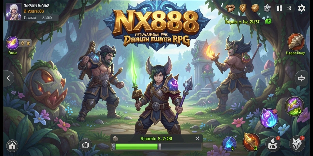 Screenshot gameplay NX888 menampilkan pertarungan epik dan karakter menarik.