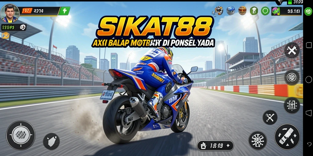Screenshot gameplay SIKAT88 menunjukkan aksi balap motor yang intens.