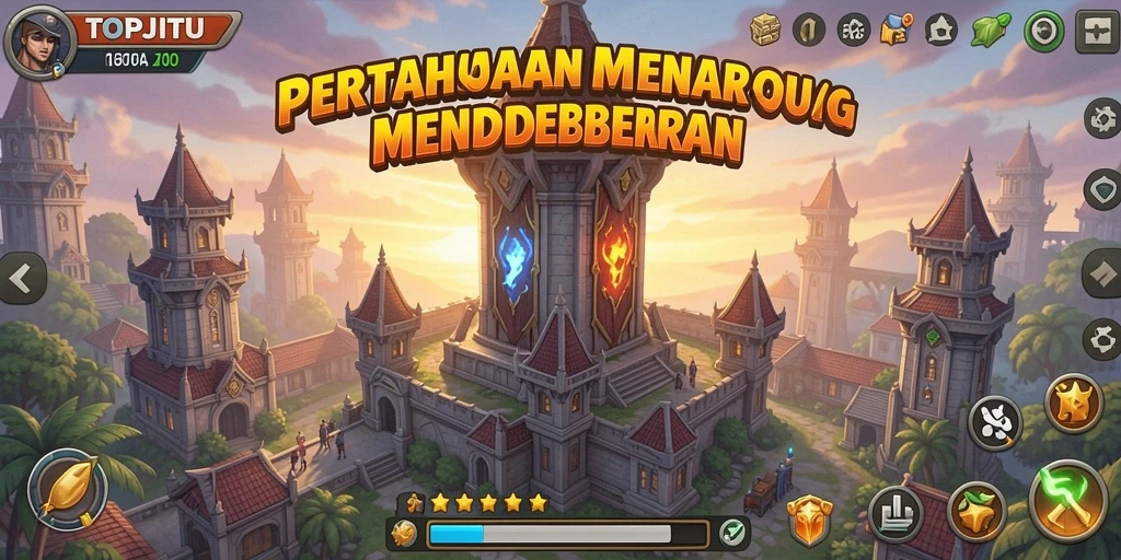 Tampilan gameplay seru dalam TOPJITU menampilkan aksi menara dan strategi pertahanan.